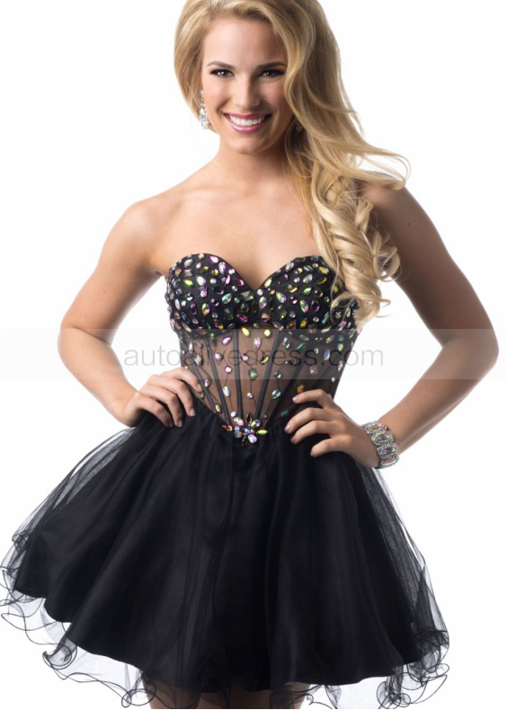 Black Tulle Beaded Sweetheart Neckline Sexy Knee Length Prom Dress